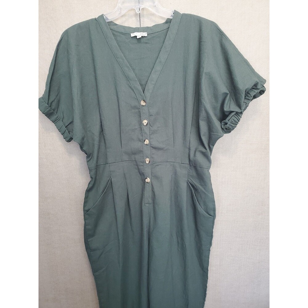 Baltic Born Cotton/Linen Green Short Sleeve Button-Up Jumpsuit Size XL Pockets - Picture 2 of 8